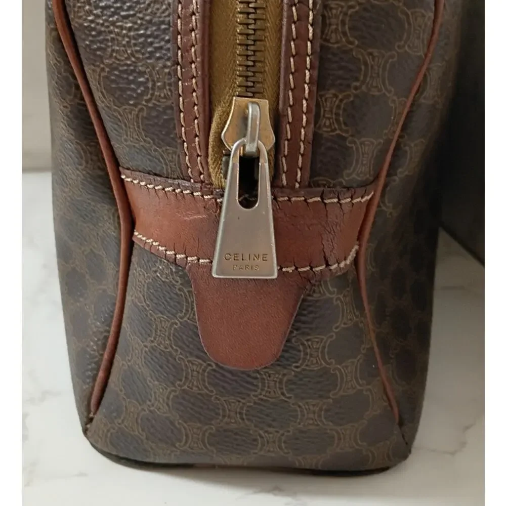 CELINE Vintage Brown Macadam Pattern Triomphe Dome Satchel w/ Dust Bag - EUC